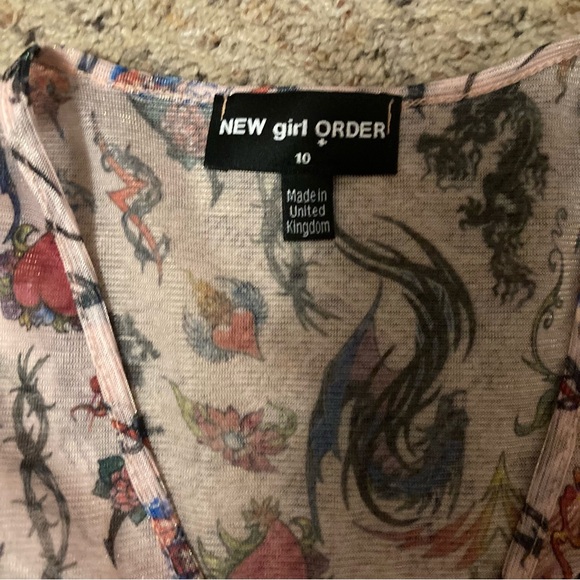 New Girl Order Dolls Kill 90s sheer tattoo print New School metallic mini dress - Picture 5 of 6